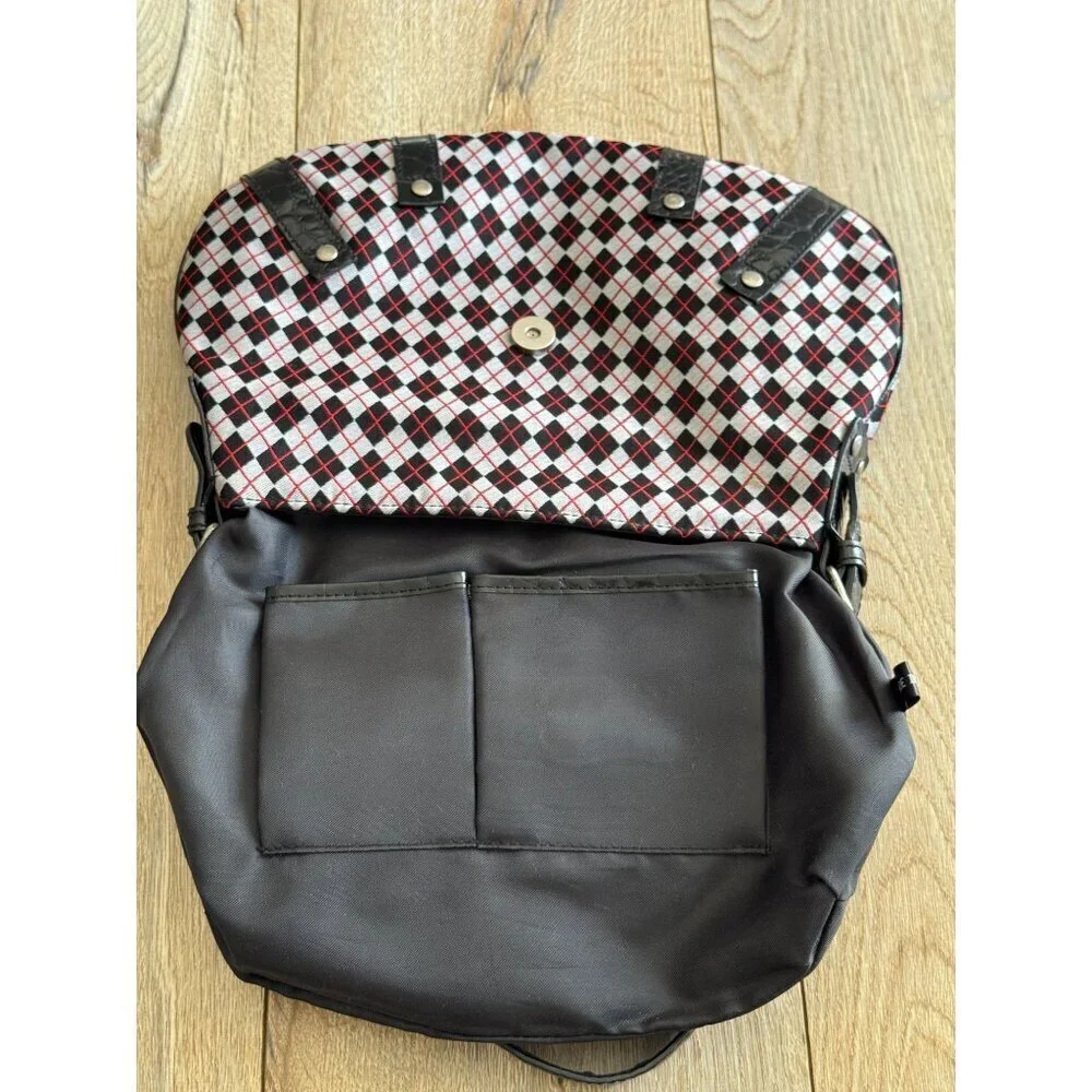 Vintage Cynthia Rowley Black Red White Argyle Plaid Silver Hardware Shoulder Bag